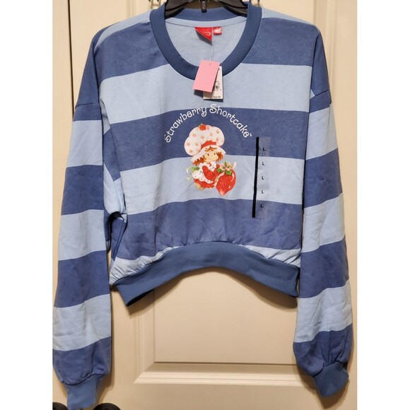 Strawberry Shortcake Women’s Cropped Sweatshirt Blue Striped Size LARGE - NWT - Picture 1 of 7